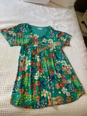 Women’s Floral Teal Short-Sleeve dress - Comfortable V-Neck Emily Wonder size S